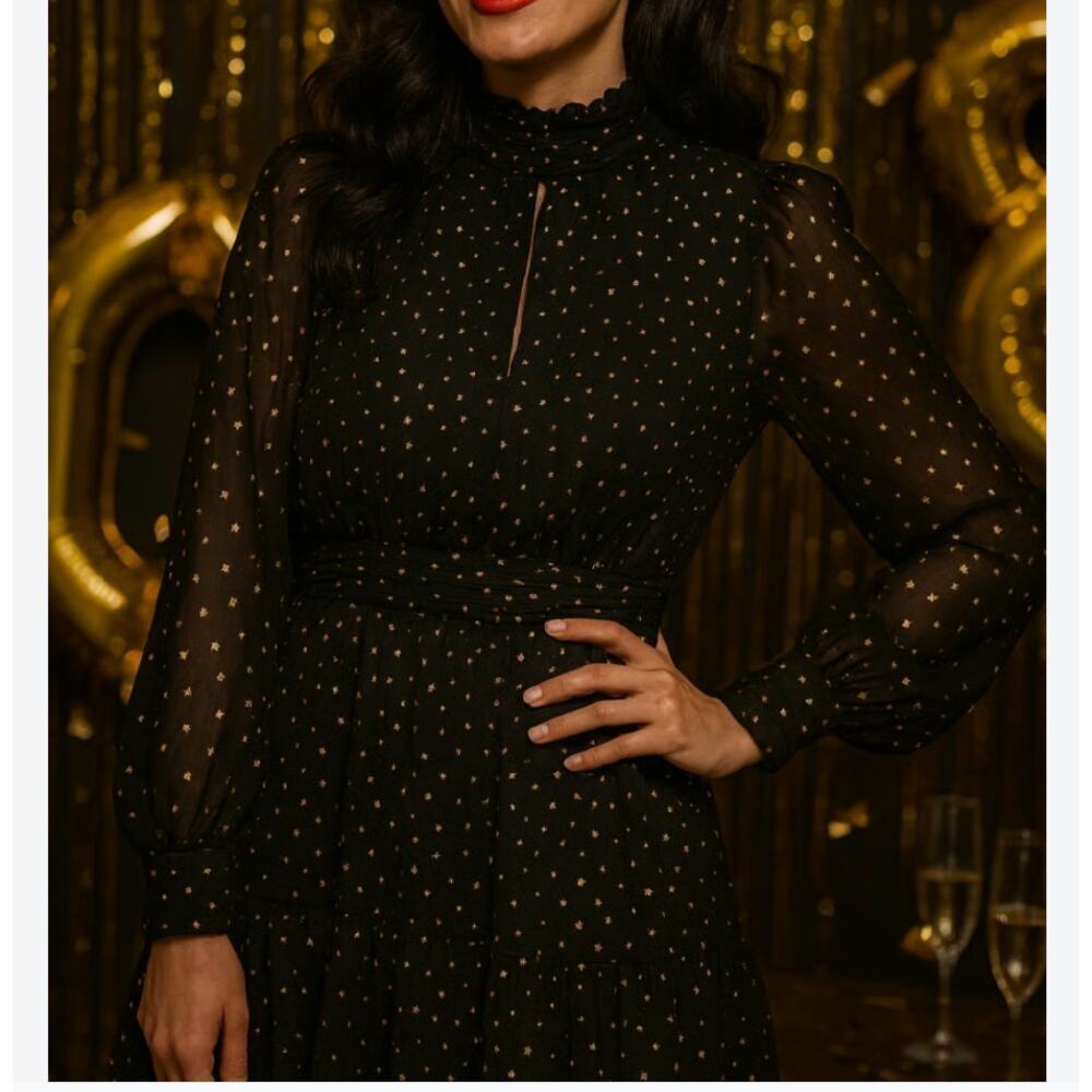 AQUA Black Gold Polka Dot Star Puff Sleeve Mini Dress S NWT